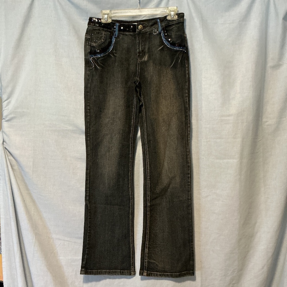 Women’s Black Embellished Distressed Flare Y2K Jeans Sequins Lace Sz 6